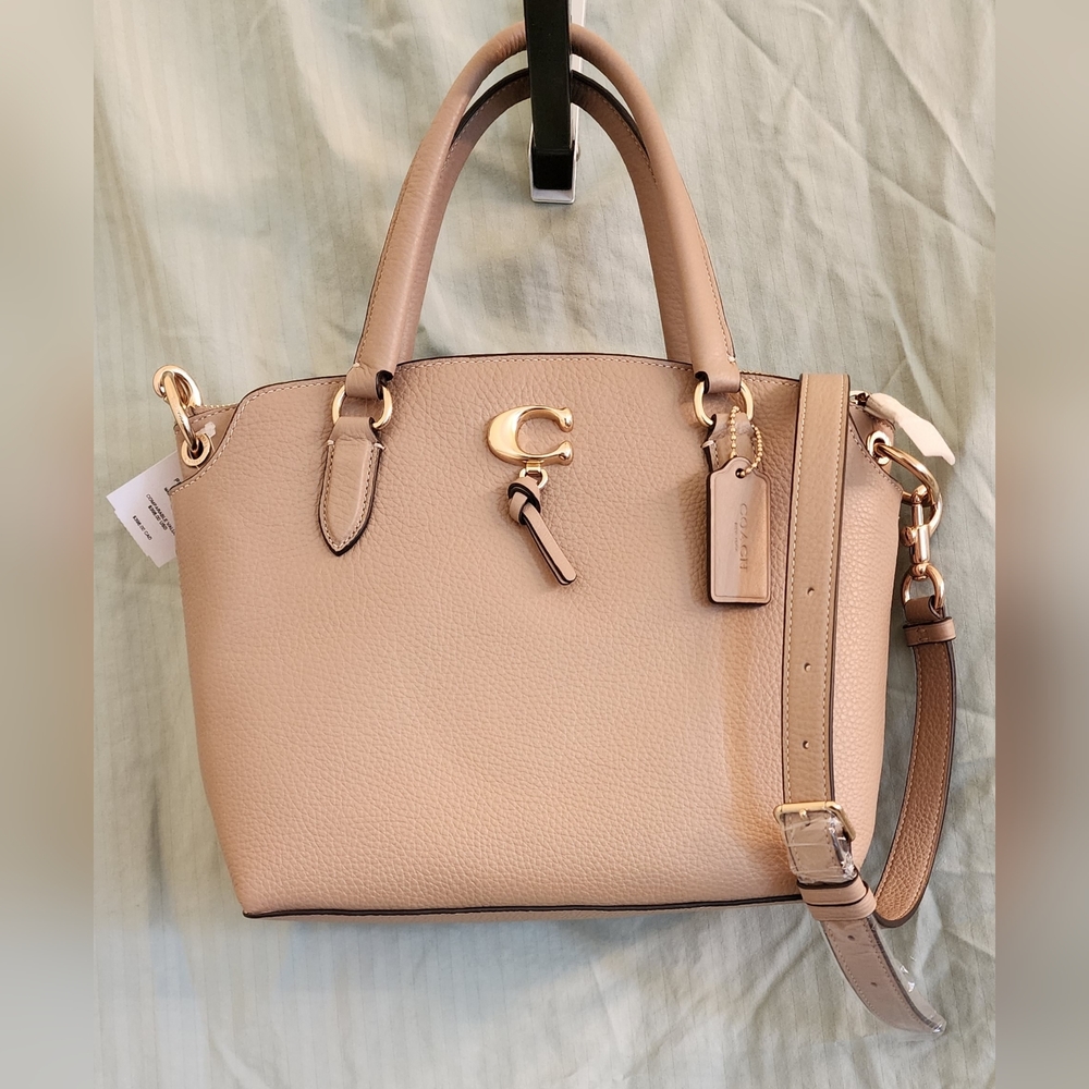 NWT Coach Remi Satchel Taupe Beige Pebble Leather gold hardware.